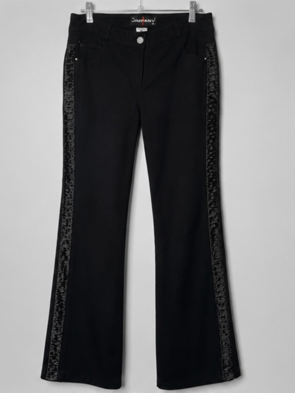 Jimpany Black Stretch Flare Pants Size 42 Satin Trim Embellished